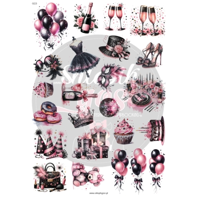ARKUSZ A4 - NR 0223 - URODZINY RÓŻOWO-CZARNE