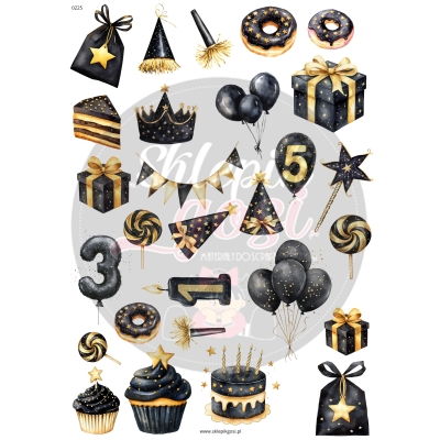 ARKUSZ A4 - NR 0225 - URODZINY ZŁOTO-CZARNE