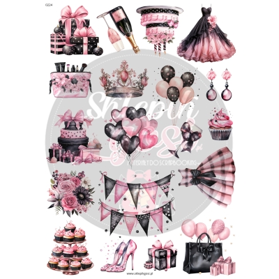 ARKUSZ A4 - NR 0224 - URODZINY RÓŻOWO-CZARNE 2